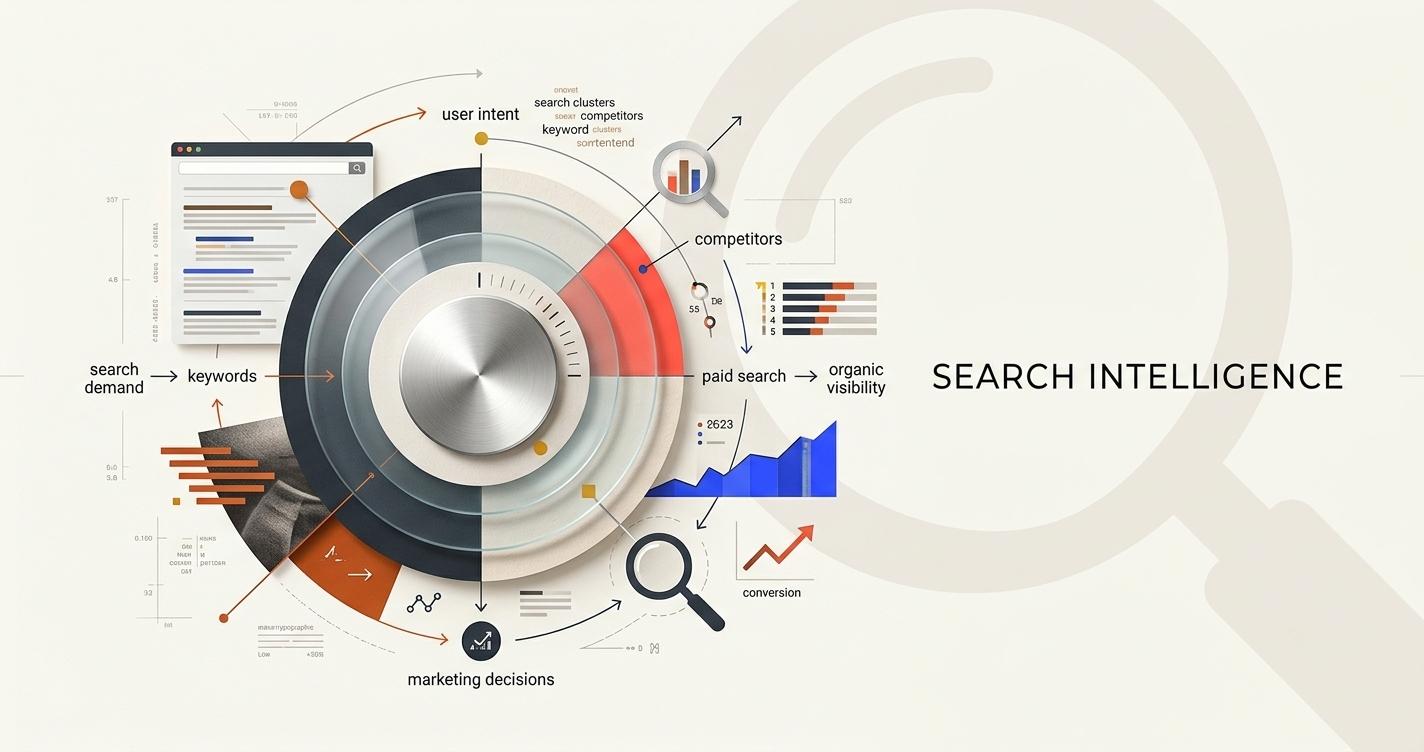 Search engine marketing intelligence showing keyword, search intent, competitor, SEO, and PPC data flowing into marketing insights